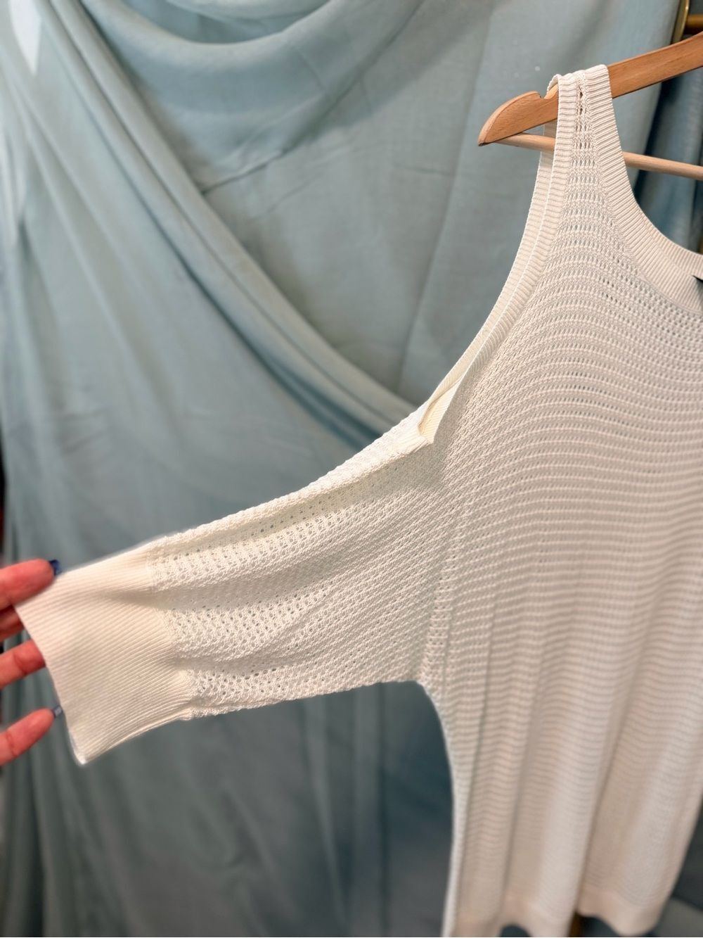 Express Cream Cold-Shoulder Open-Knit Sweater - Picture 3 of 6